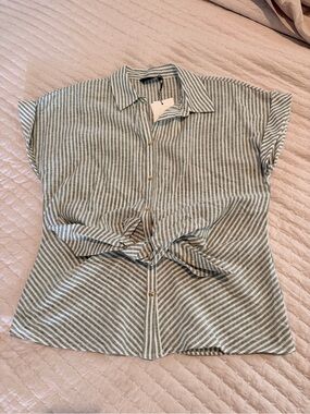 Zara Striped Short-Sleeve Button Front Shirt - Sage/White NWT